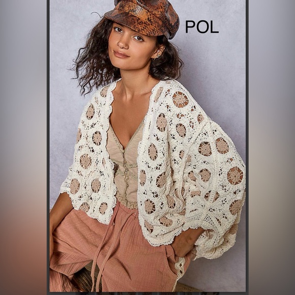 BP219-1🤍🤎NEW! POL pretty cream+tan/blush crochet open sweater perfect transition - Picture 6 of 8